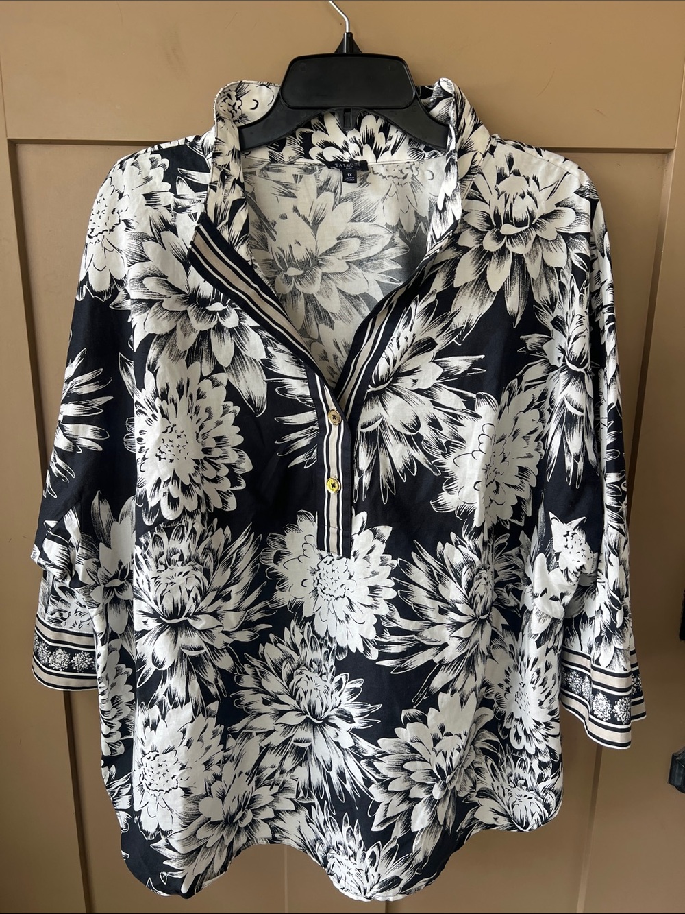 Talbots 1X Off White Black Floral Poplin Tunic Top Cotton